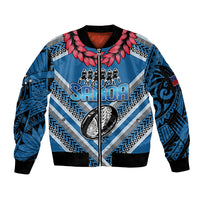 Custom Manuma Samoa Rugby Sleeve Zip Bomber Jacket Ula fala Samoan Siva Tau Tribal LT9 Unisex Blue - Polynesian Pride