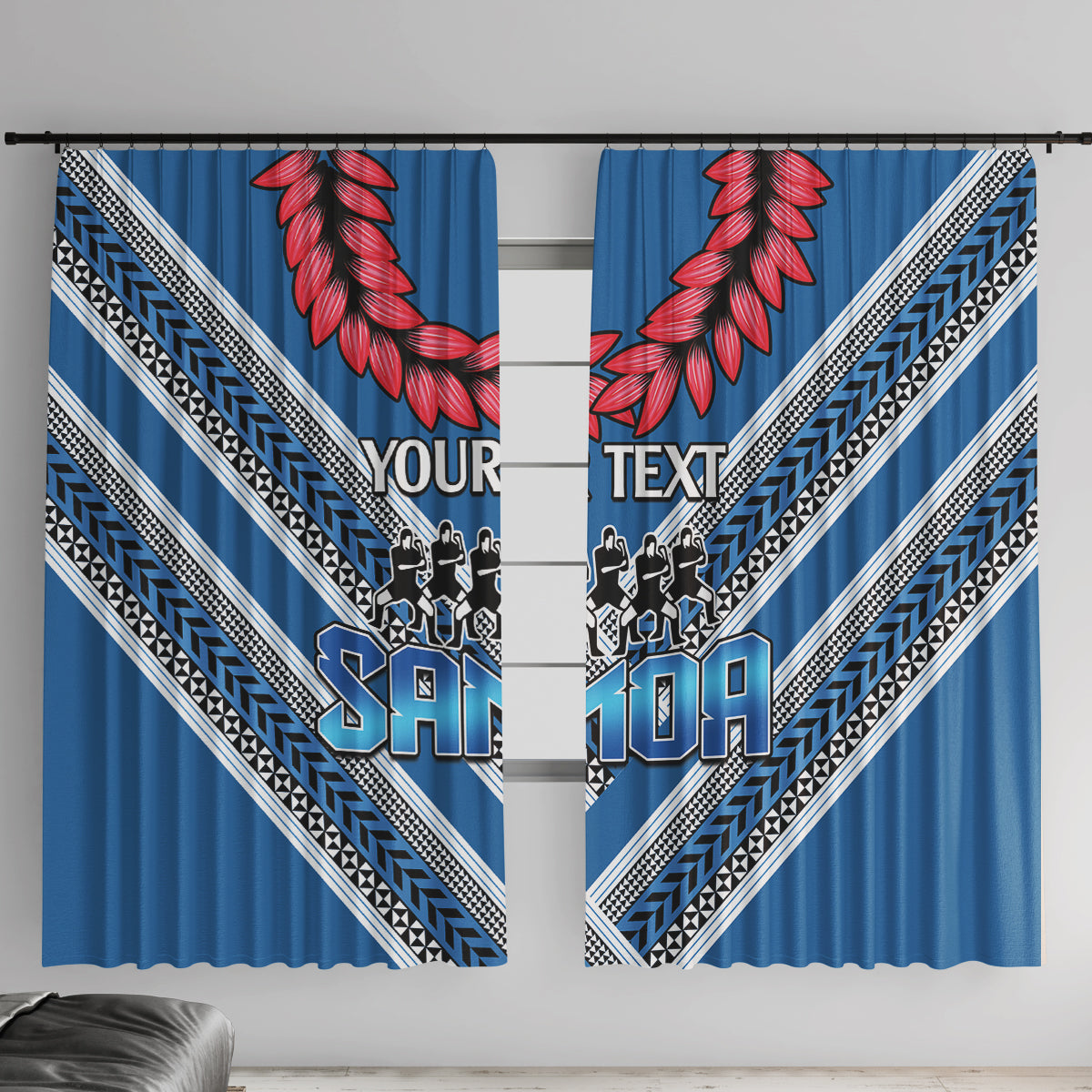 Custom Manuma Samoa Rugby Window Curtain Ula fala Samoan Siva Tau Tribal LT9 With Hooks Blue - Polynesian Pride
