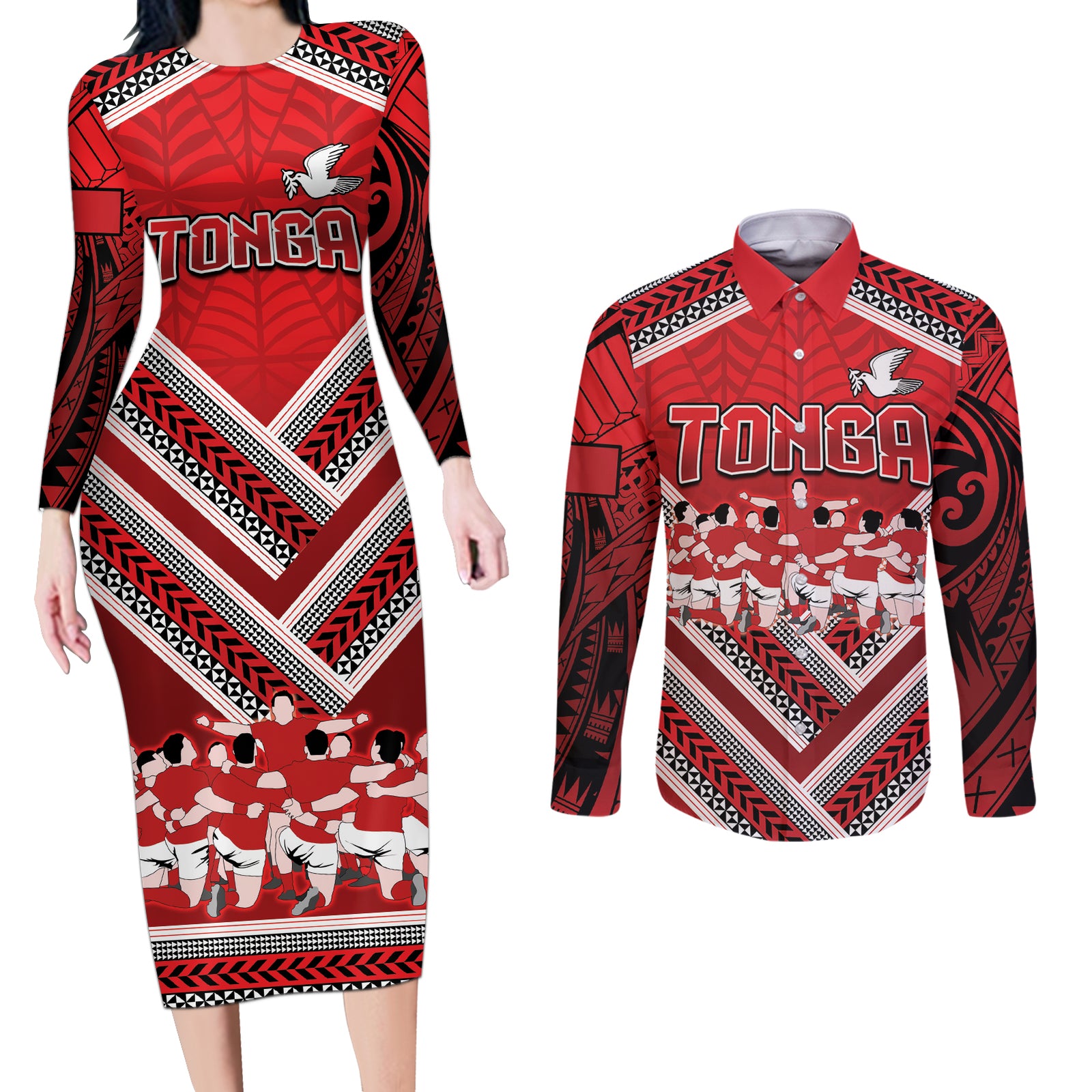 Custom Tonga Rugby Couples Matching Long Sleeve Bodycon Dress and Long Sleeve Button Shirt Tonga Sipi Tau Ngatu Tribal Pattern LT9 Red - Polynesian Pride