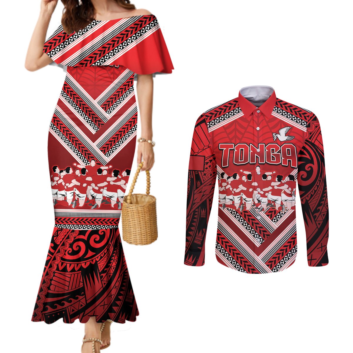 Custom Tonga Rugby Couples Matching Mermaid Dress and Long Sleeve Button Shirt Tonga Sipi Tau Ngatu Tribal Pattern LT9 Red - Polynesian Pride