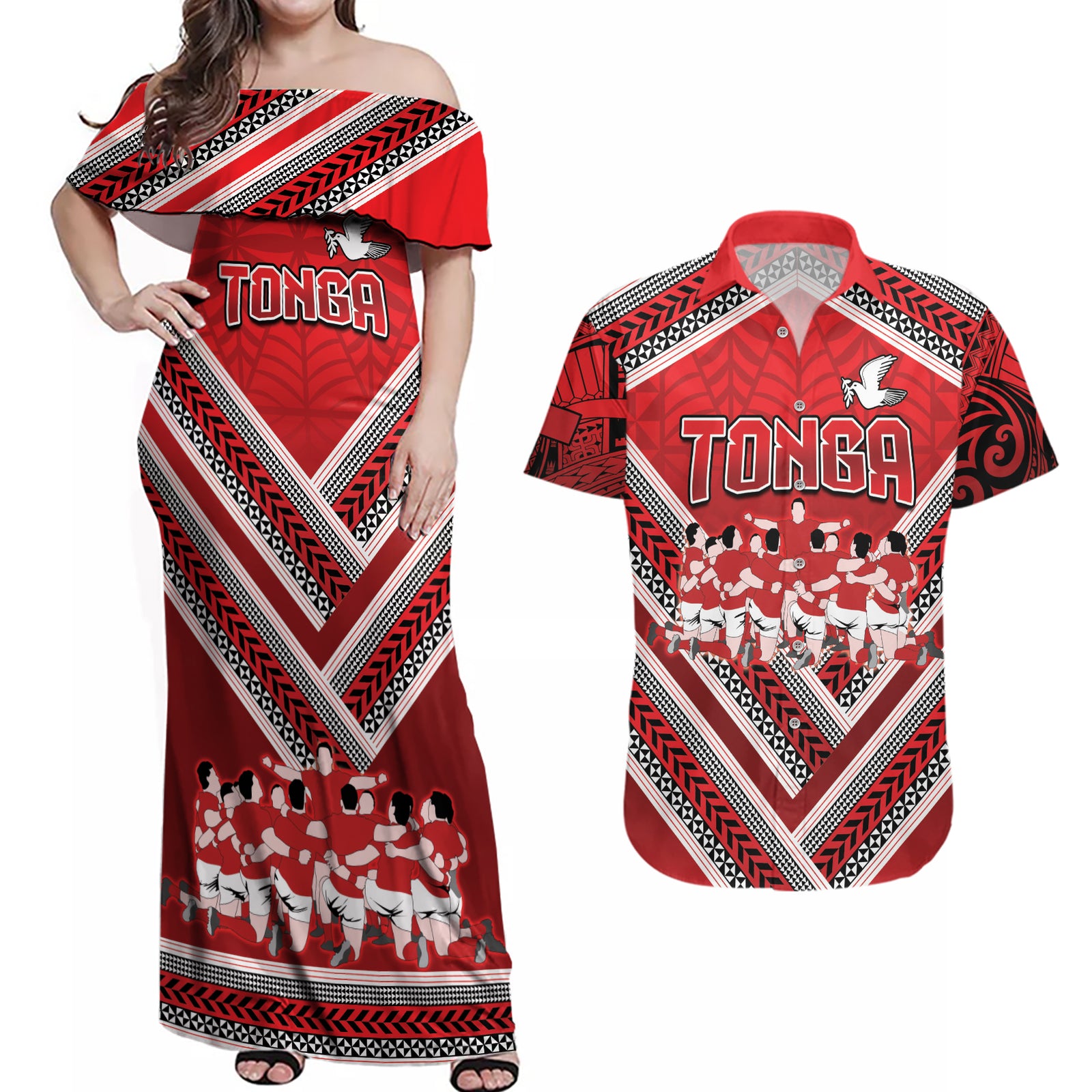 Custom Tonga Rugby Couples Matching Off Shoulder Maxi Dress and Hawaiian Shirt Tonga Sipi Tau Ngatu Tribal Pattern LT9 Red - Polynesian Pride