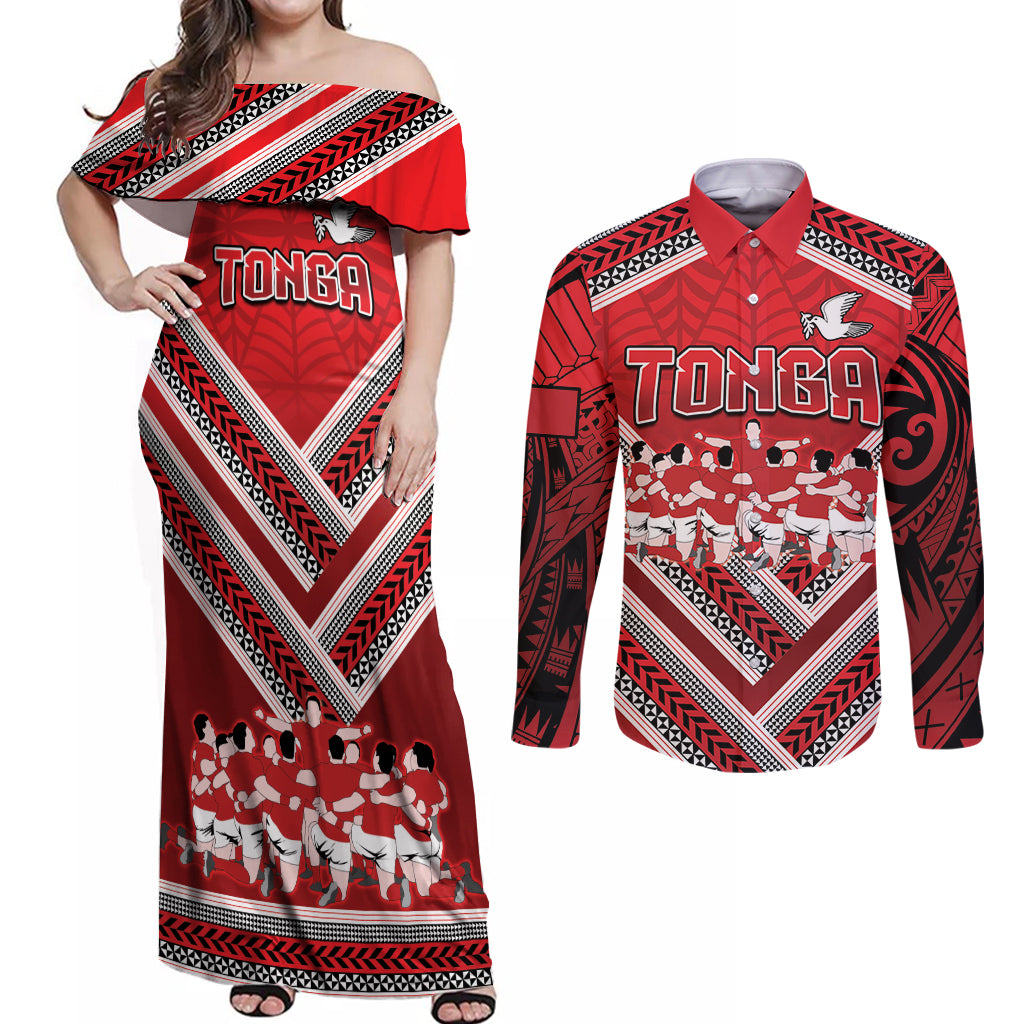 Custom Tonga Rugby Couples Matching Off Shoulder Maxi Dress and Long Sleeve Button Shirt Tonga Sipi Tau Ngatu Tribal Pattern LT9 Red - Polynesian Pride