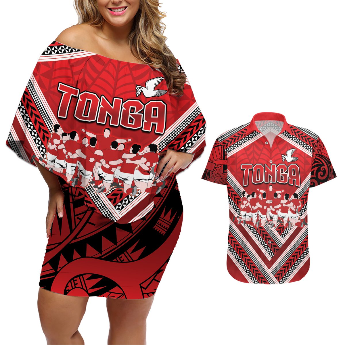 Custom Tonga Rugby Couples Matching Off Shoulder Short Dress and Hawaiian Shirt Tonga Sipi Tau Ngatu Tribal Pattern LT9 Red - Polynesian Pride