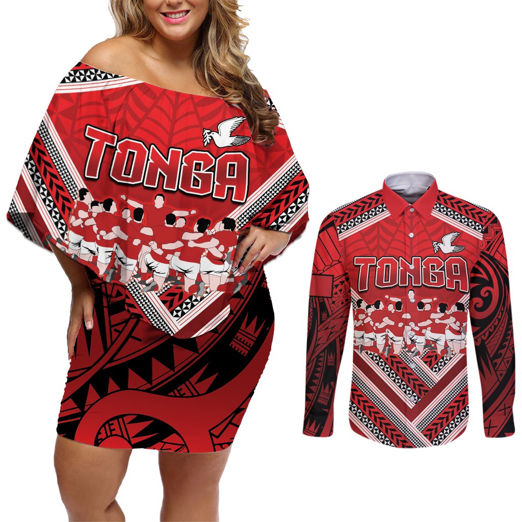 Custom Tonga Rugby Couples Matching Off Shoulder Short Dress and Long Sleeve Button Shirt Tonga Sipi Tau Ngatu Tribal Pattern LT9 Red - Polynesian Pride