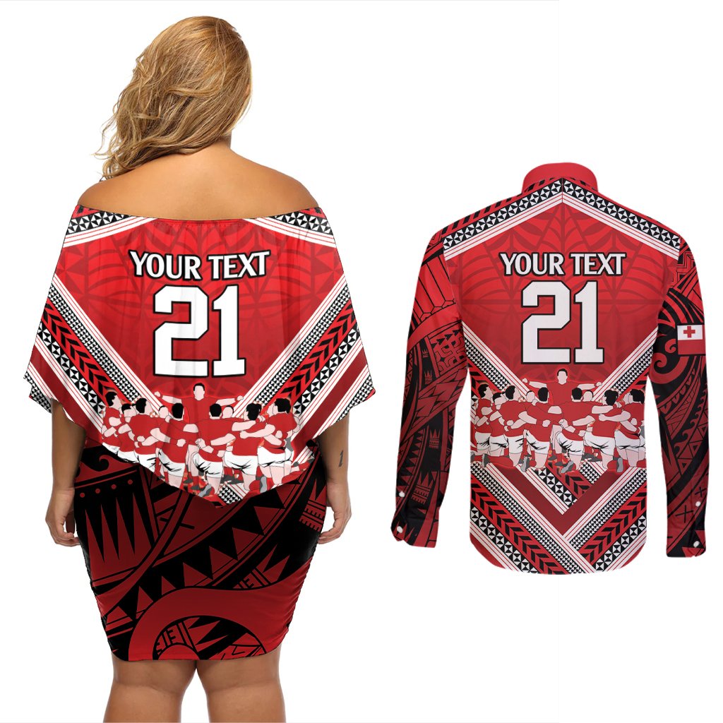 Custom Tonga Rugby Couples Matching Off Shoulder Short Dress and Long Sleeve Button Shirt Tonga Sipi Tau Ngatu Tribal Pattern LT9 - Polynesian Pride