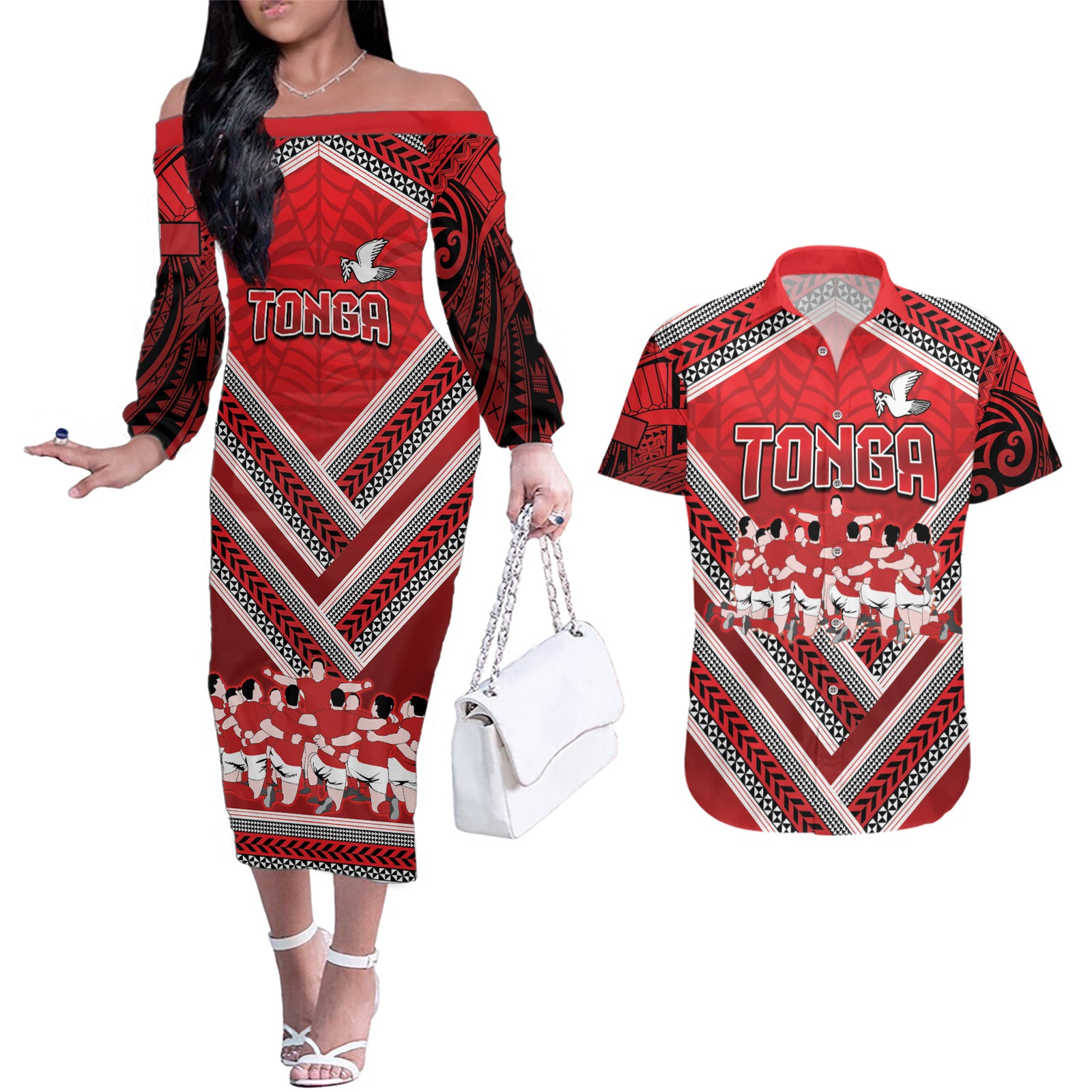 Custom Tonga Rugby Couples Matching Off The Shoulder Long Sleeve Dress and Hawaiian Shirt Tonga Sipi Tau Ngatu Tribal Pattern LT9 Red - Polynesian Pride