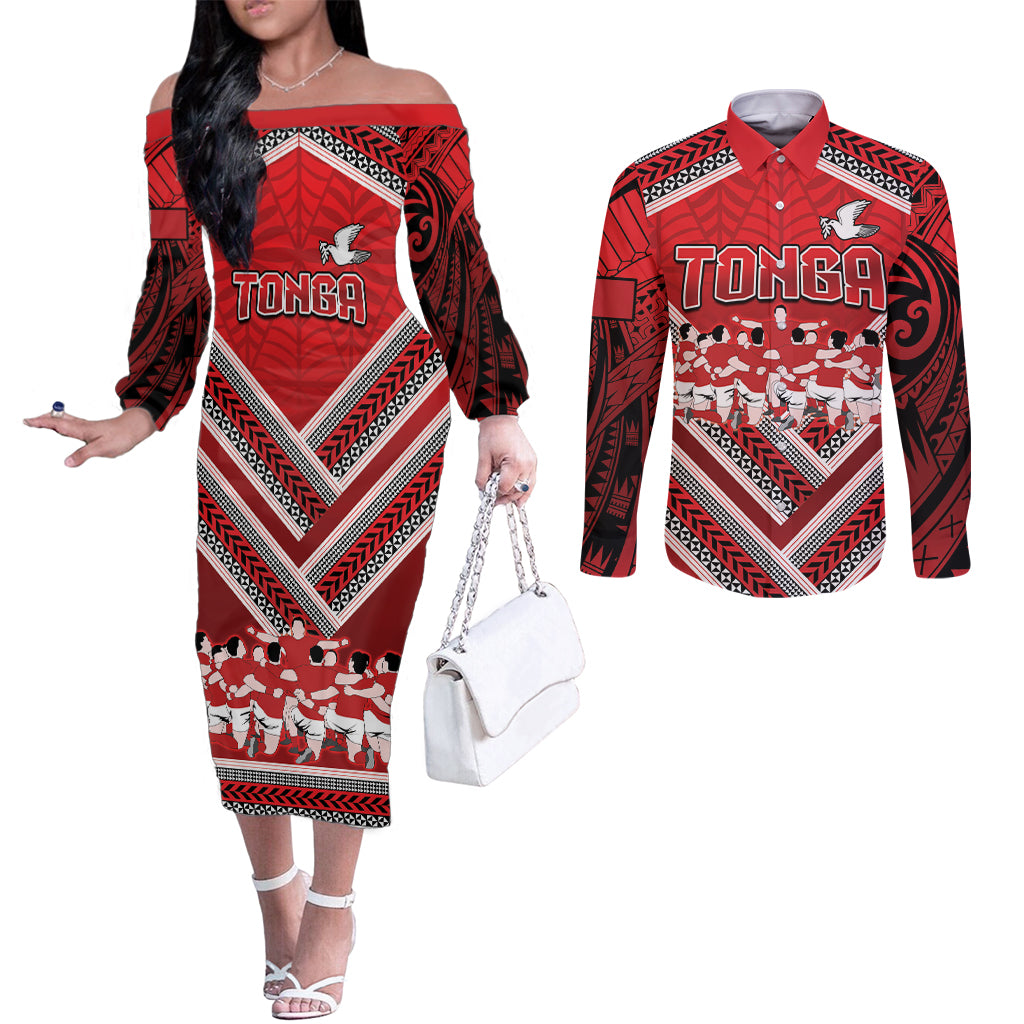 Custom Tonga Rugby Couples Matching Off The Shoulder Long Sleeve Dress and Long Sleeve Button Shirt Tonga Sipi Tau Ngatu Tribal Pattern LT9 Red - Polynesian Pride