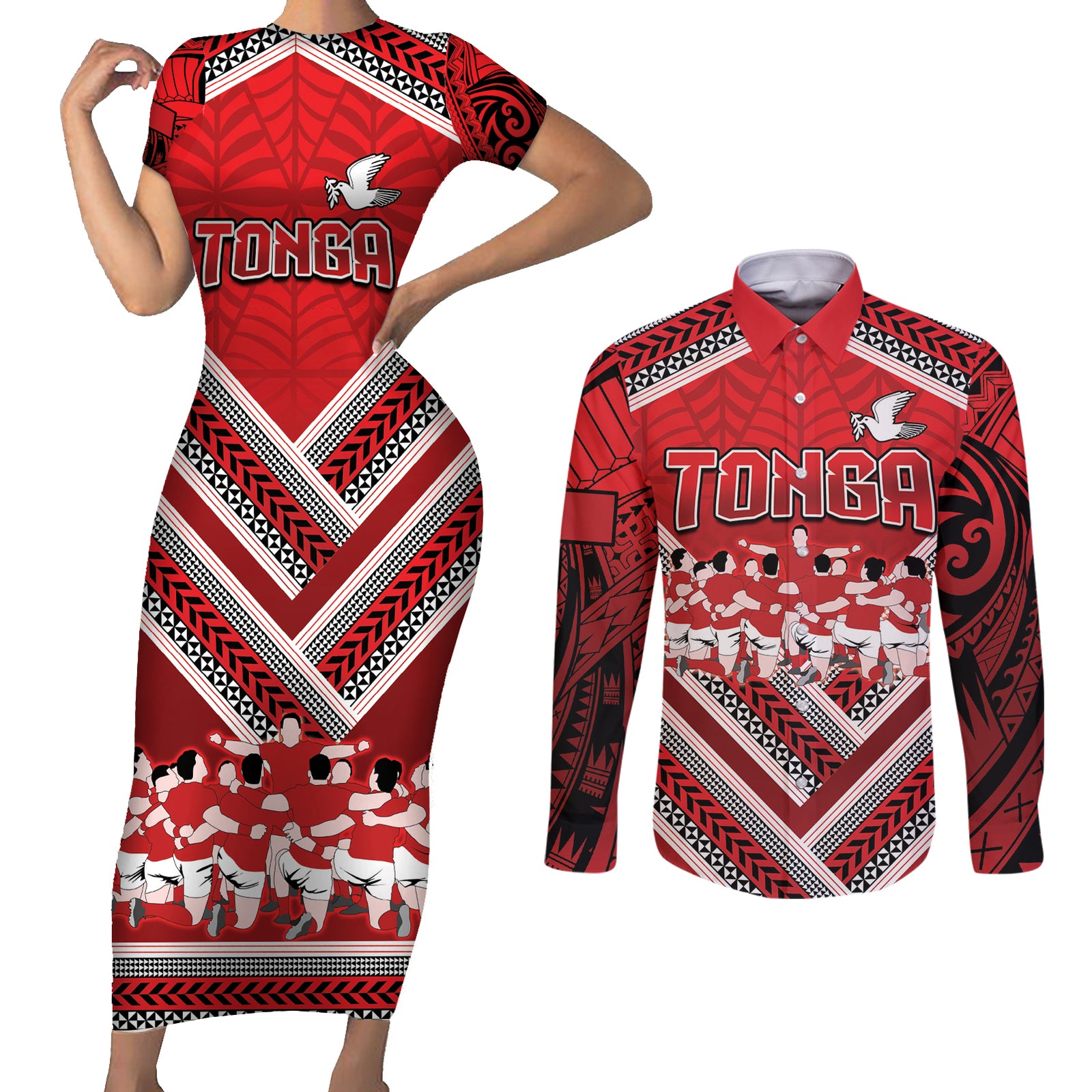 Custom Tonga Rugby Couples Matching Short Sleeve Bodycon Dress and Long Sleeve Button Shirt Tonga Sipi Tau Ngatu Tribal Pattern LT9 Red - Polynesian Pride