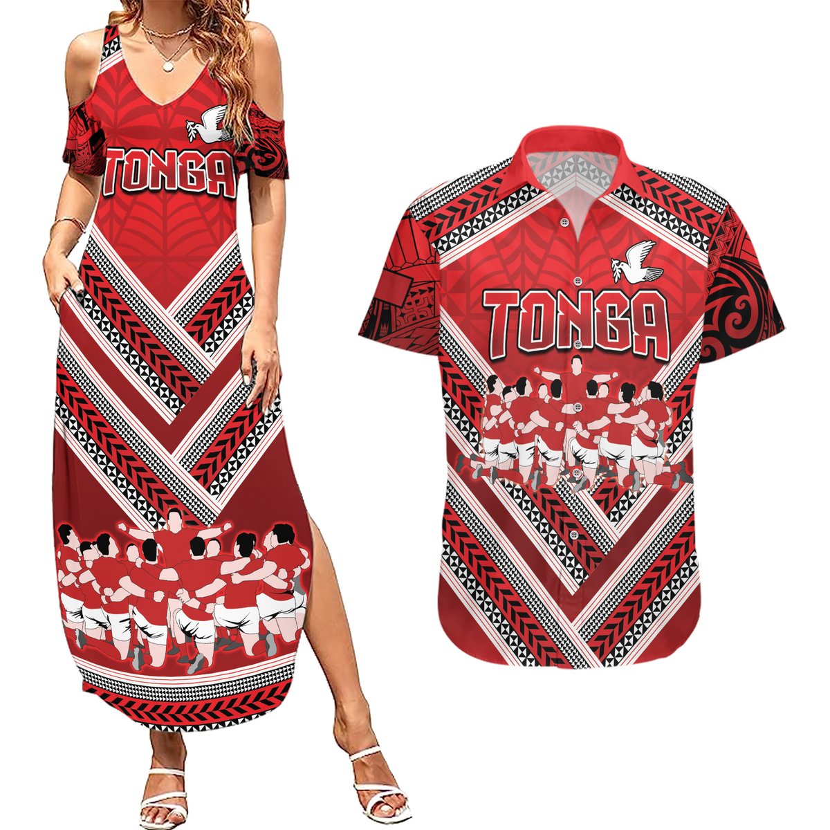 Custom Tonga Rugby Couples Matching Summer Maxi Dress and Hawaiian Shirt Tonga Sipi Tau Ngatu Tribal Pattern LT9 Red - Polynesian Pride