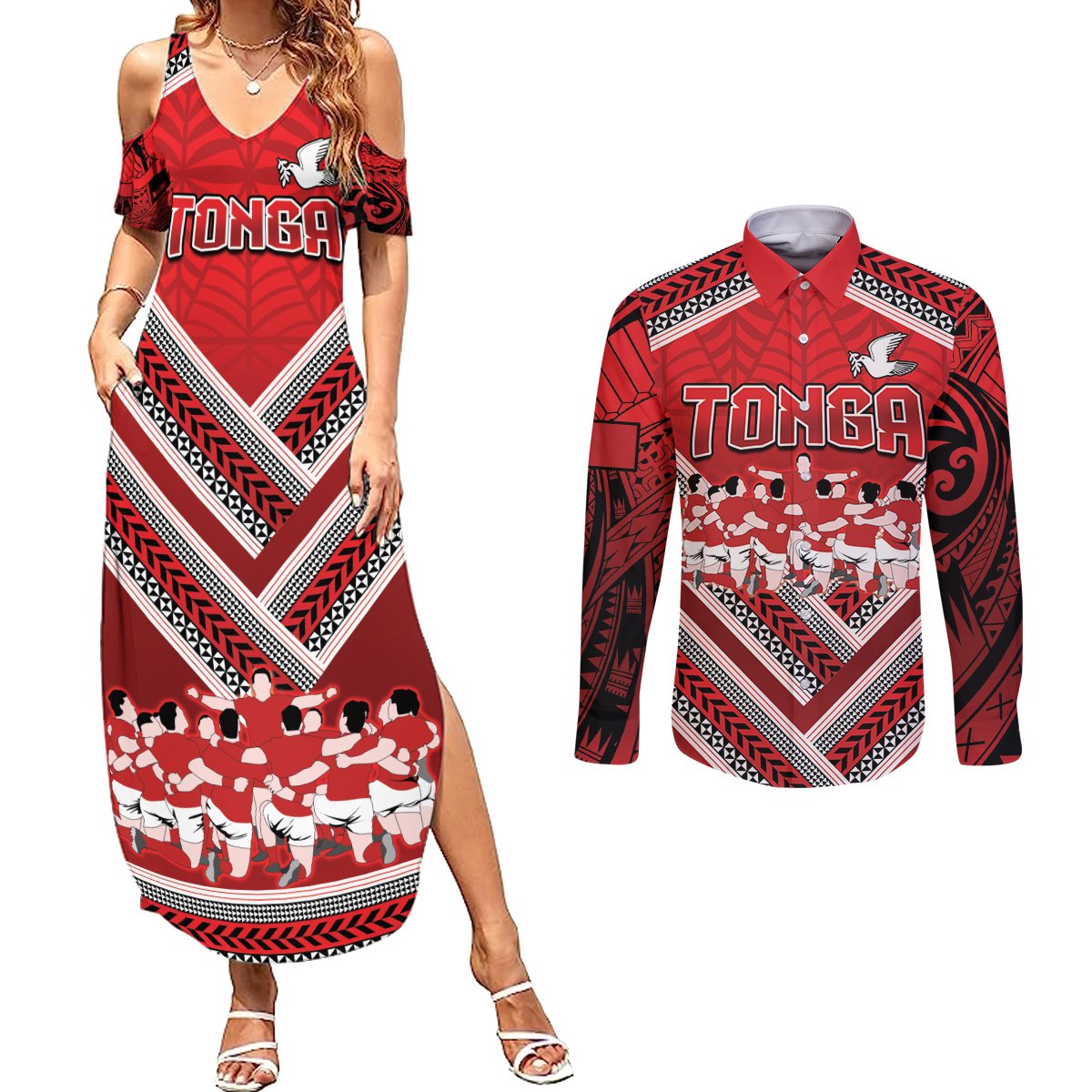 Custom Tonga Rugby Couples Matching Summer Maxi Dress and Long Sleeve Button Shirt Tonga Sipi Tau Ngatu Tribal Pattern LT9 Red - Polynesian Pride