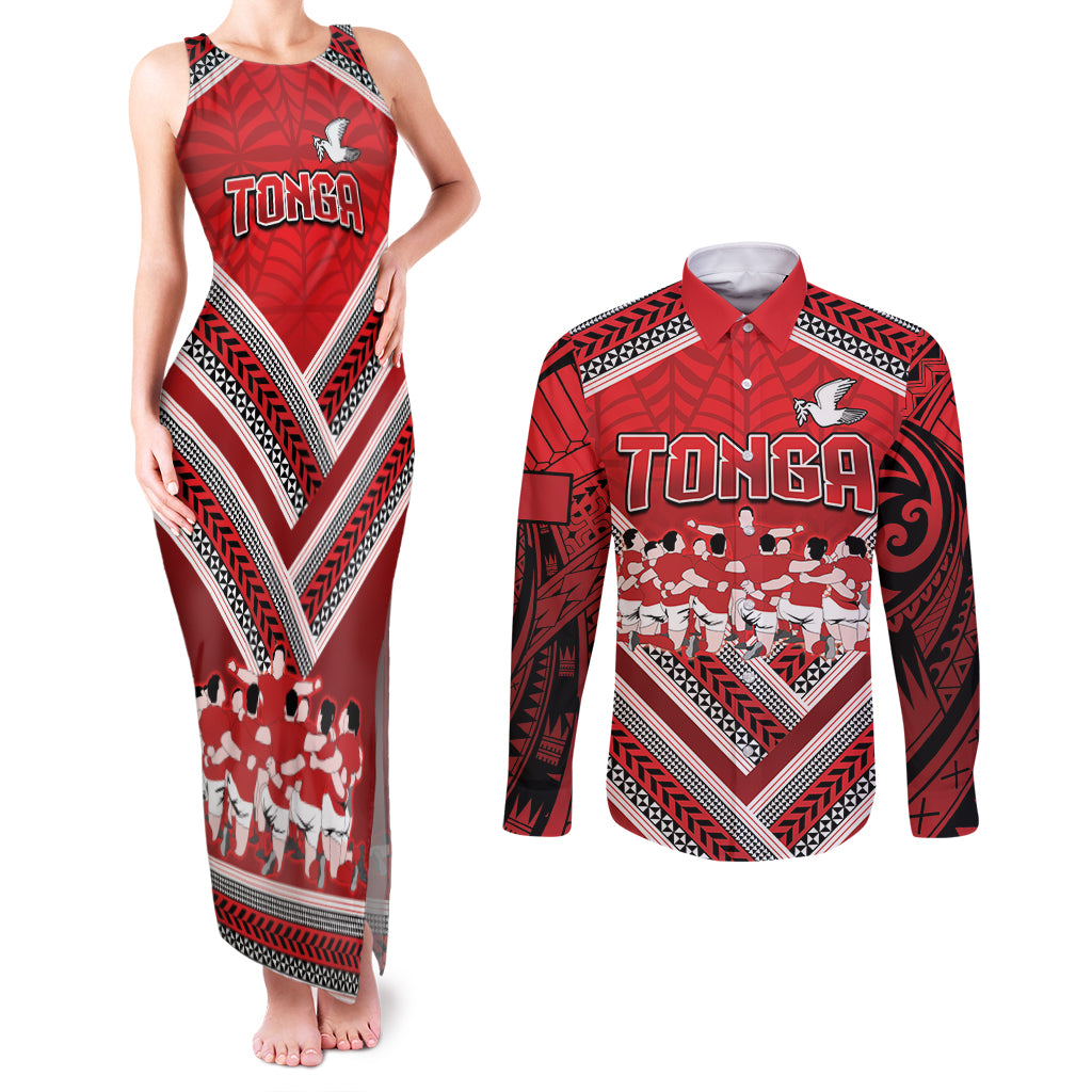 Custom Tonga Rugby Couples Matching Tank Maxi Dress and Long Sleeve Button Shirt Tonga Sipi Tau Ngatu Tribal Pattern LT9 Red - Polynesian Pride