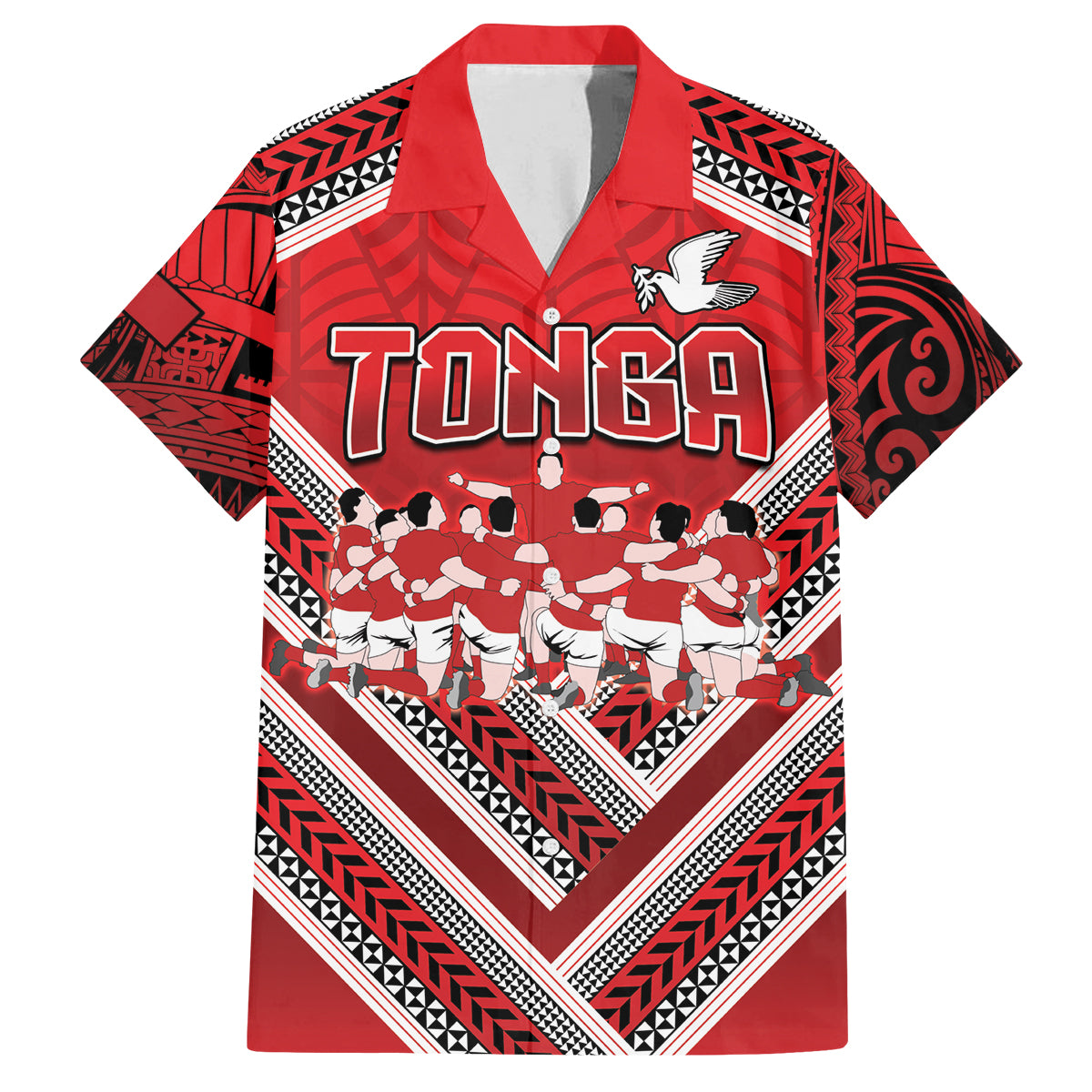 Custom Tonga Rugby Family Matching Off Shoulder Maxi Dress and Hawaiian Shirt Tonga Sipi Tau Ngatu Tribal Pattern LT9 Dad's Shirt - Short Sleeve Red - Polynesian Pride