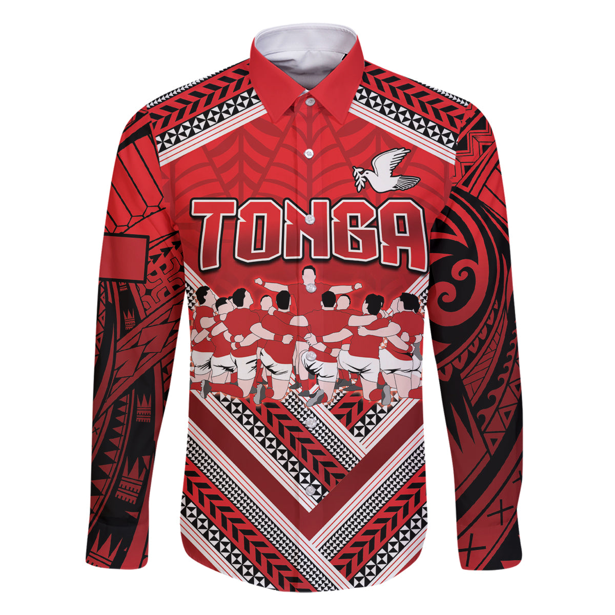 Custom Tonga Rugby Family Matching Off Shoulder Maxi Dress and Hawaiian Shirt Tonga Sipi Tau Ngatu Tribal Pattern LT9 Dad's Shirt - Long Sleeve Red - Polynesian Pride