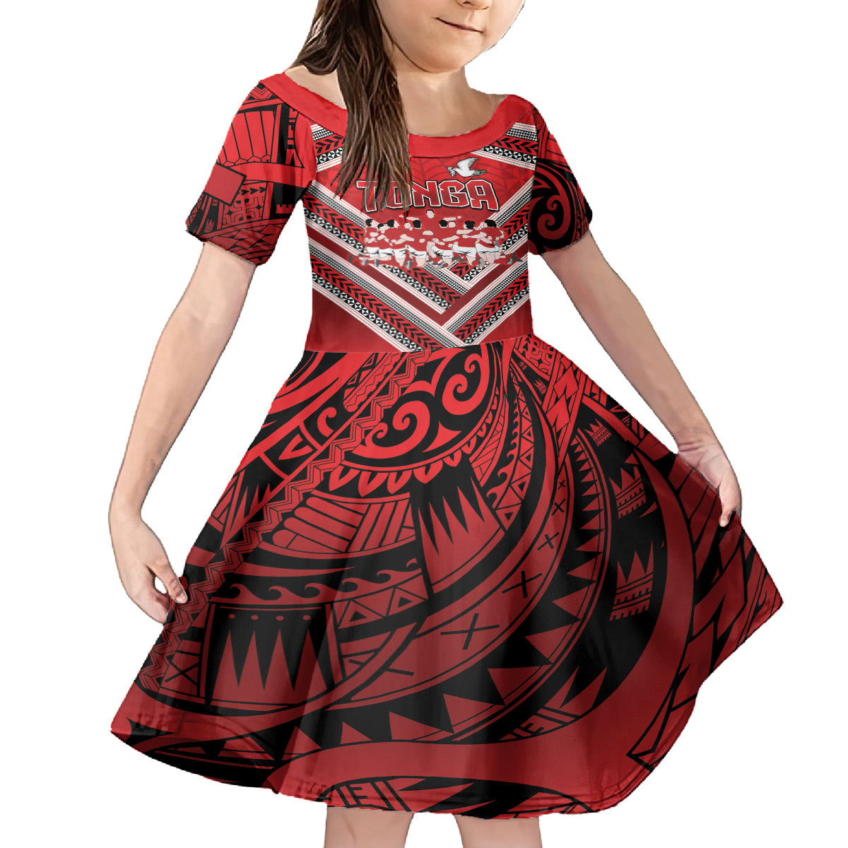 Custom Tonga Rugby Kid Short Sleeve Dress Tonga Sipi Tau Ngatu Tribal Pattern LT9 KID Red - Polynesian Pride