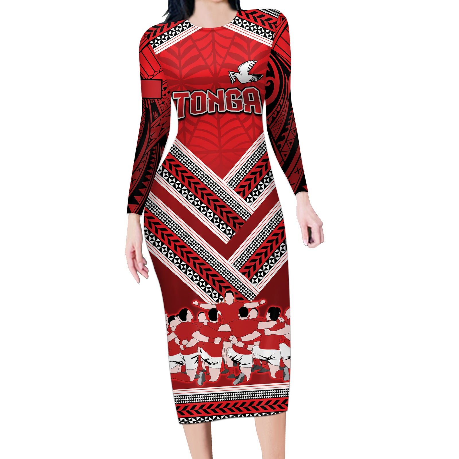Custom Tonga Rugby Long Sleeve Bodycon Dress Tonga Sipi Tau Ngatu Tribal Pattern LT9 Long Dress Red - Polynesian Pride