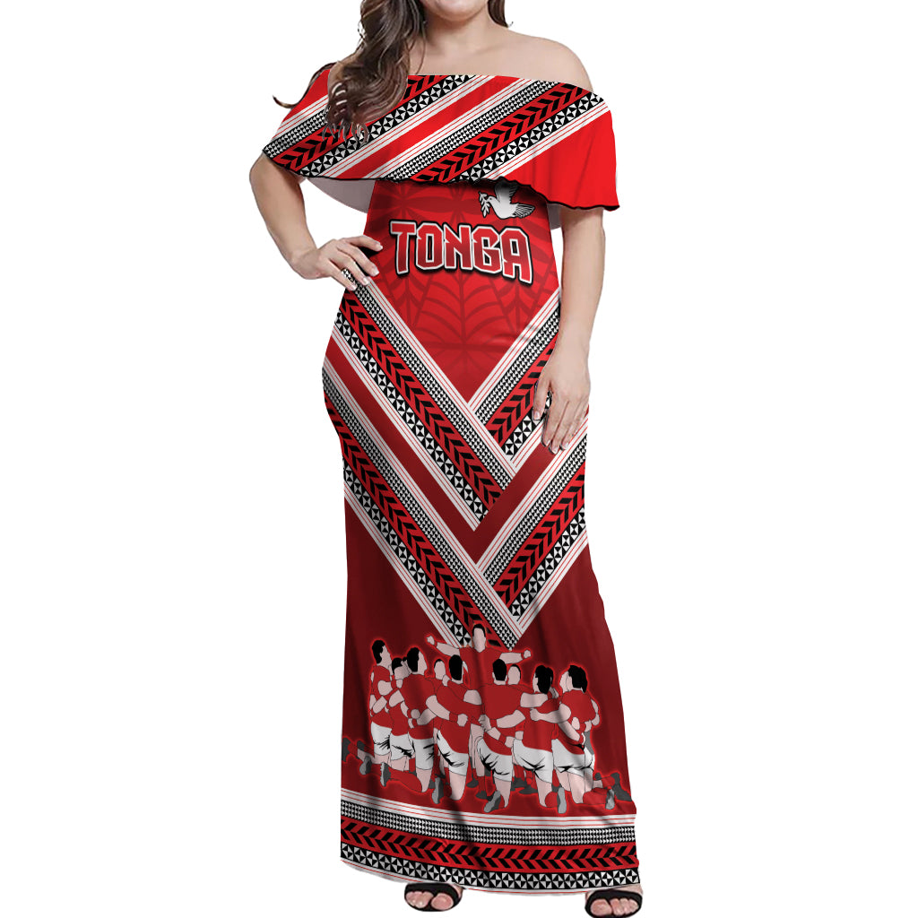 Custom Tonga Rugby Off Shoulder Maxi Dress Tonga Sipi Tau Ngatu Tribal Pattern LT9 Women Red - Polynesian Pride