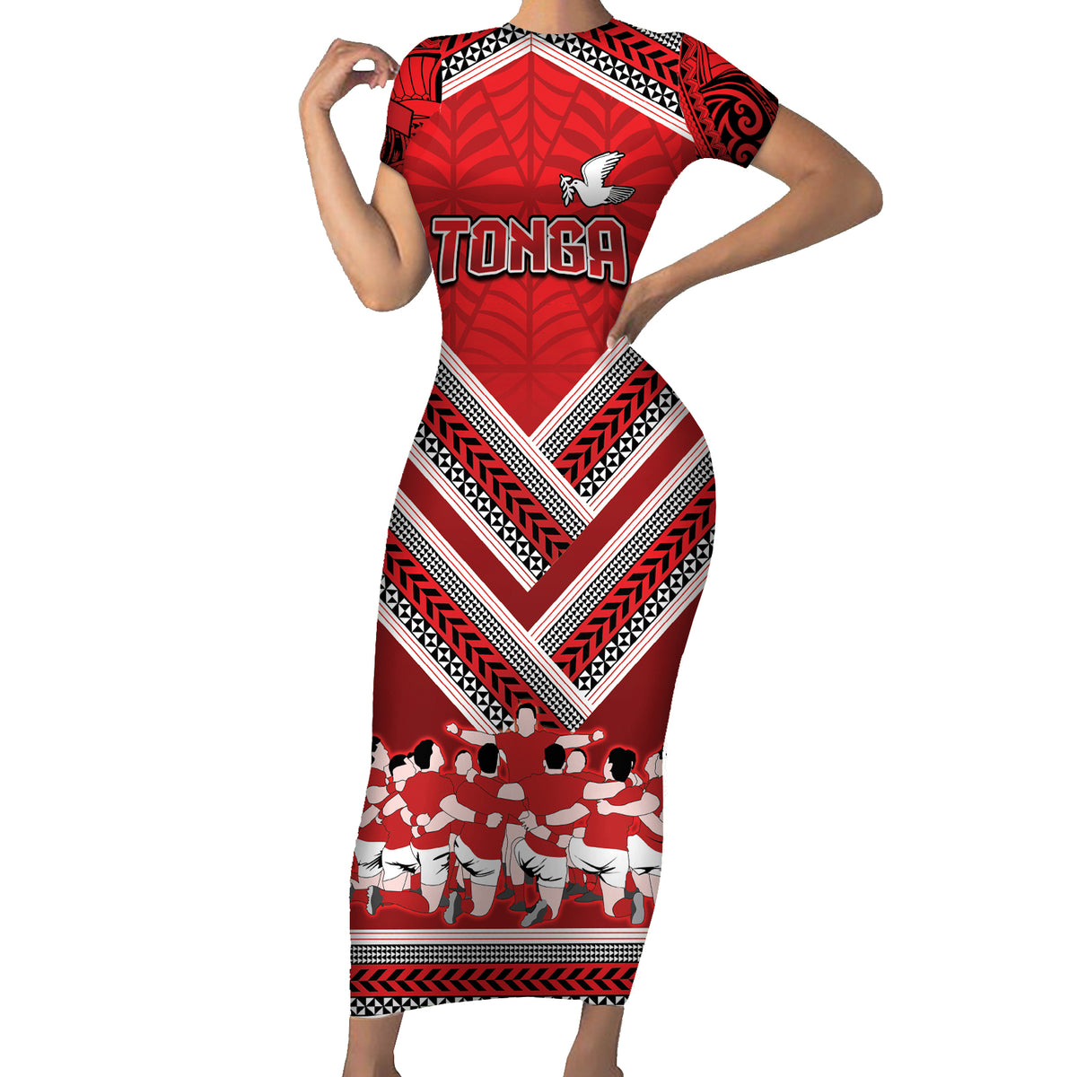 Custom Tonga Rugby Short Sleeve Bodycon Dress Tonga Sipi Tau Ngatu Tribal Pattern LT9 Long Dress Red - Polynesian Pride