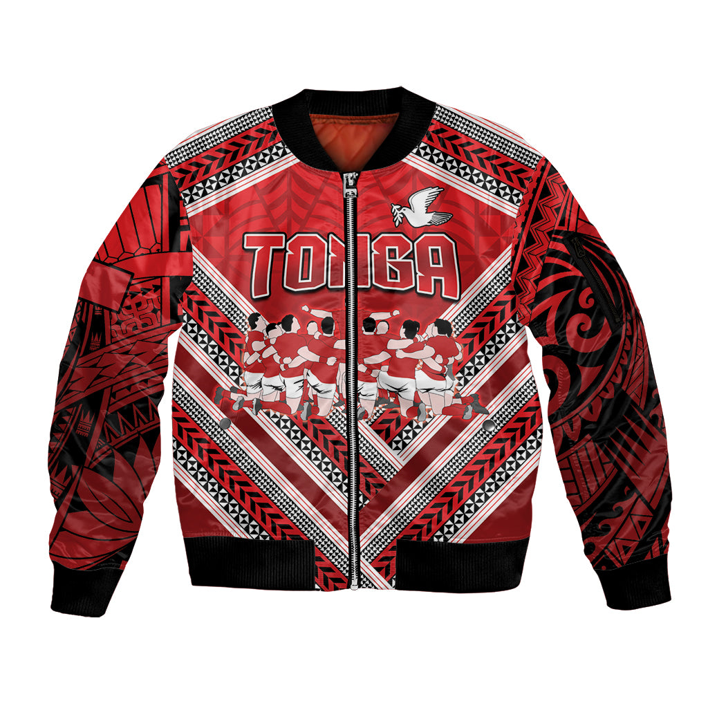Custom Tonga Rugby Sleeve Zip Bomber Jacket Tonga Sipi Tau Ngatu Tribal Pattern LT9 Unisex Red - Polynesian Pride