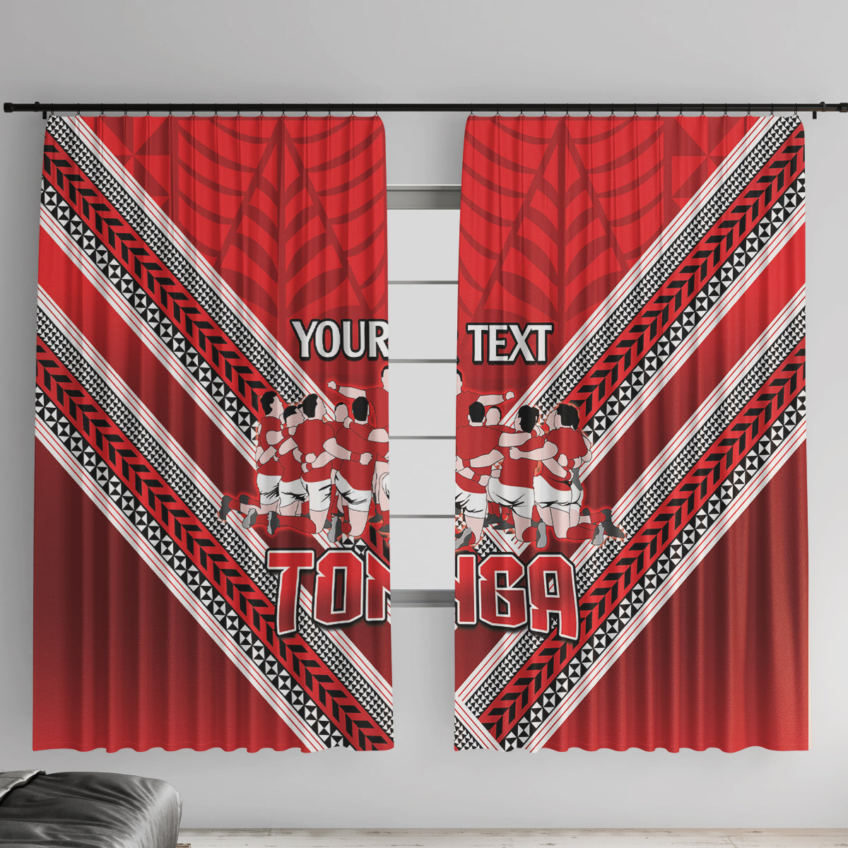Custom Tonga Rugby Window Curtain Tonga Sipi Tau Ngatu Tribal Pattern LT9 With Hooks Red - Polynesian Pride