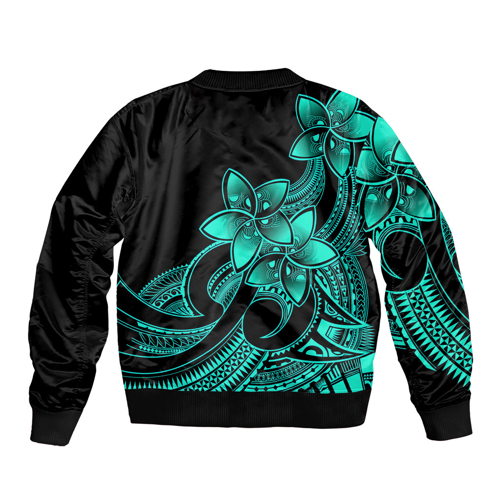 Polynesian Pride Plumeria Flowers Sleeve Zip Bomber Jacket Polynesian Tribal Aqua Vibe LT9 - Polynesian Pride