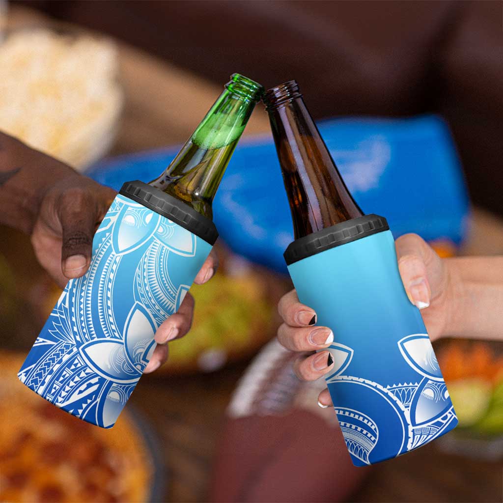 Polynesian Tribal Plumeria Flowers 4 in 1 Can Cooler Tumbler Gradient Blue Vibe