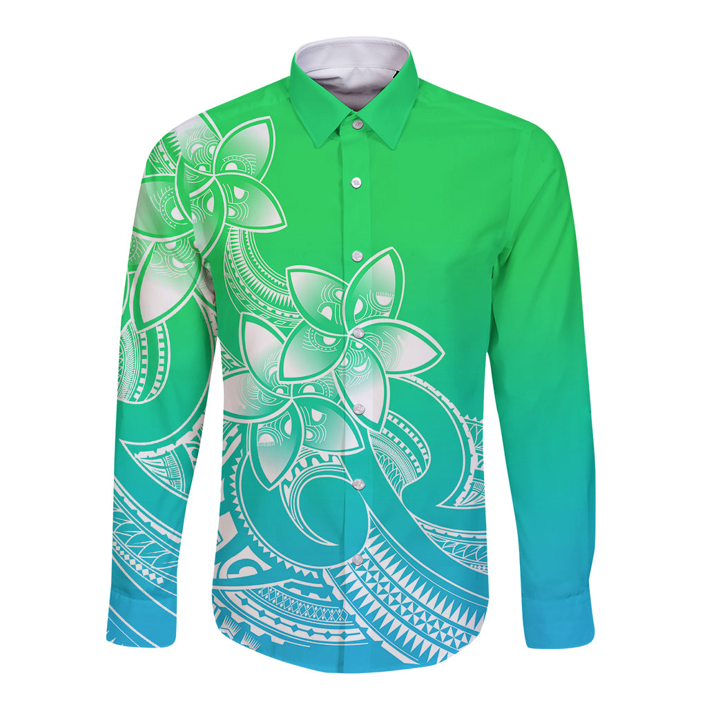 Polynesian Pride Plumeria Flowers Long Sleeve Button Shirt Polynesian Tribal Gradient Green LT9 Unisex Green - Polynesian Pride