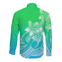 Polynesian Pride Plumeria Flowers Long Sleeve Button Shirt Polynesian Tribal Gradient Green LT9 - Polynesian Pride