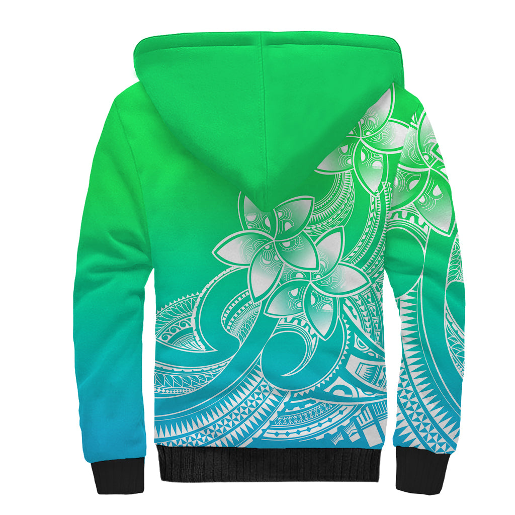 Polynesian Pride Plumeria Flowers Sherpa Hoodie Polynesian Tribal Gradient Green LT9 - Polynesian Pride