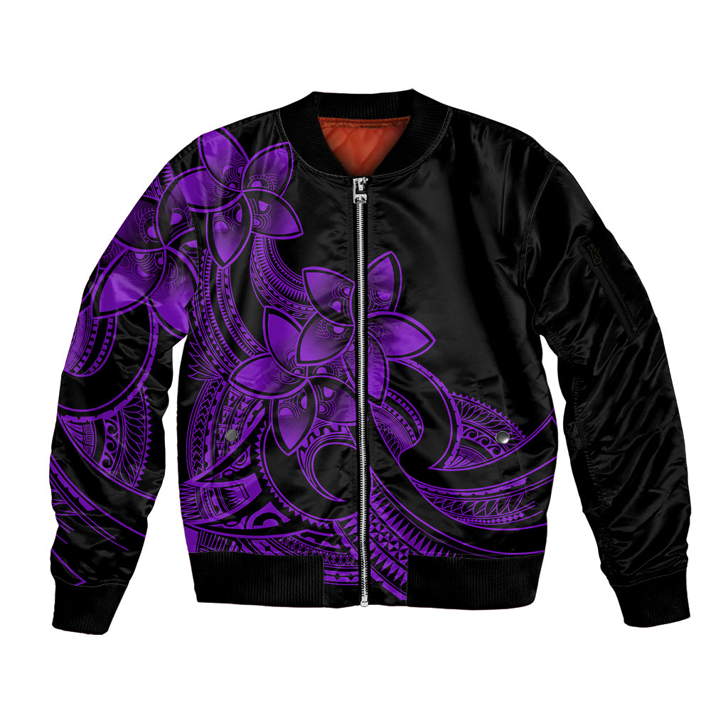 Polynesian Pride Plumeria Flowers Sleeve Zip Bomber Jacket Polynesian Tribal Purple Vibe LT9 Unisex Purple - Polynesian Pride
