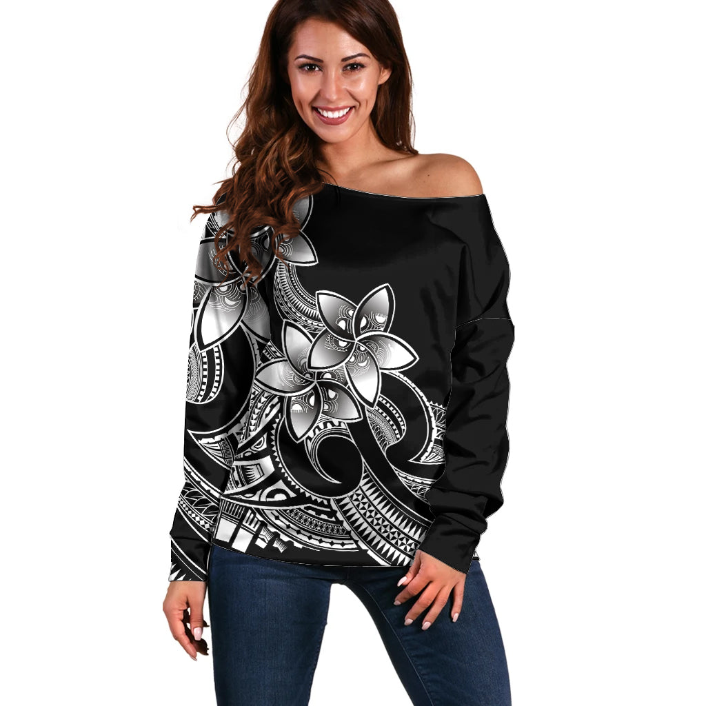 Polynesian Pride Plumeria Flowers Off Shoulder Sweater Polynesian Tribal White Vibe LT9 Women White - Polynesian Pride