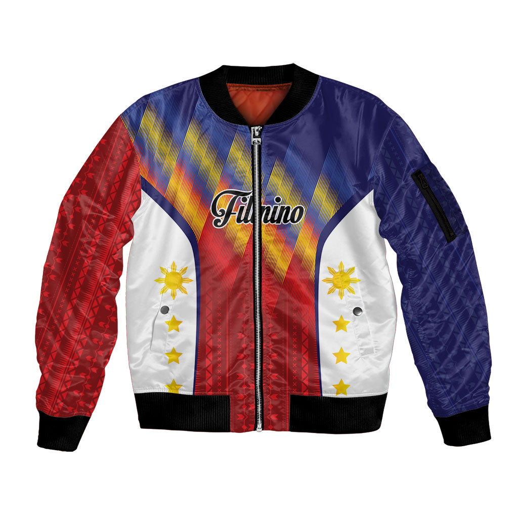 Personalized Philippines Eight Rays Sun Sleeve Zip Bomber Jacket Traditional Filipino Igorot Pattern Motif