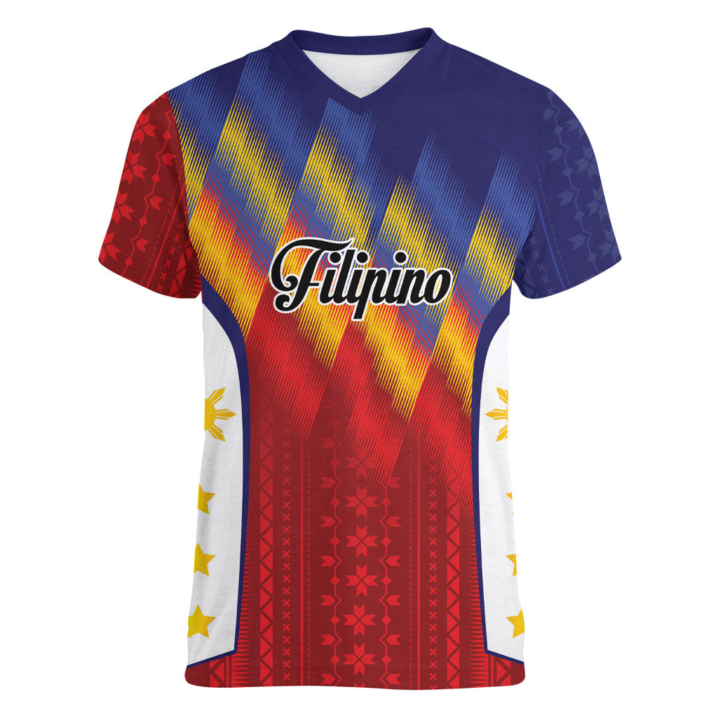 Personalized Philippines Eight Rays Sun Women V-Neck T-Shirt Traditional Filipino Igorot Pattern Motif