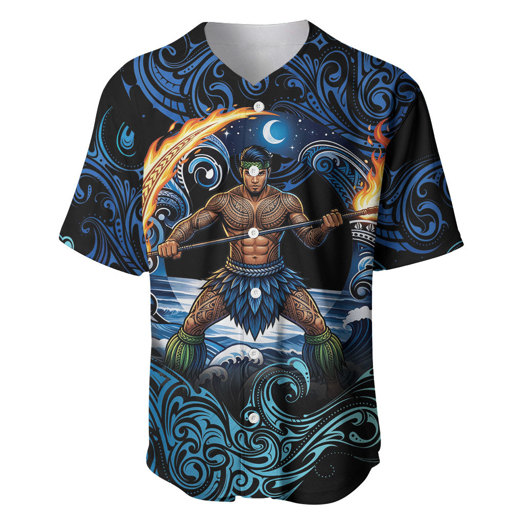 Samoa Siva Afi Baseball Jersey Fireknife Fire Dance Pacific Tribal Motif LT9 Blue - Polynesian Pride