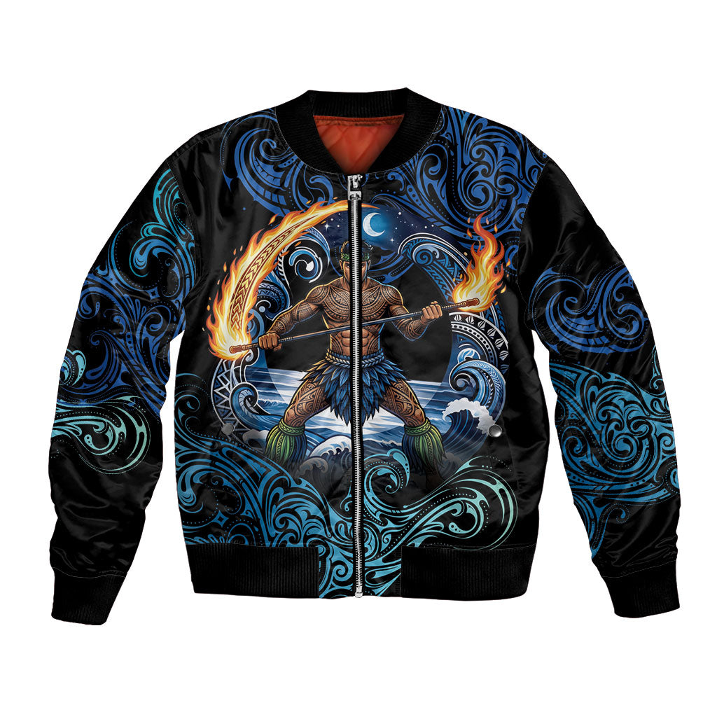 Samoa Siva Afi Bomber Jacket Fireknife Fire Dance Pacific Tribal Motif