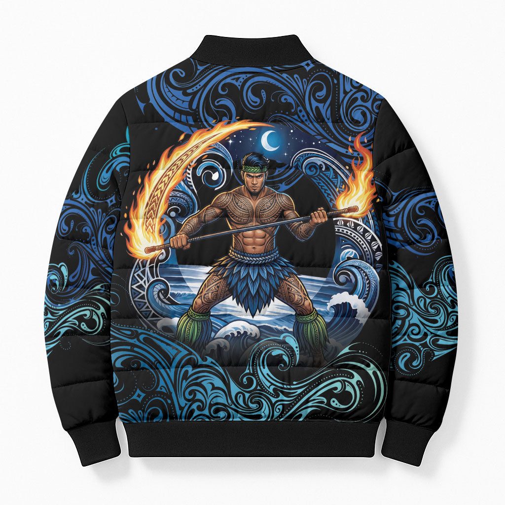 Samoa Siva Afi Bomber Puffer Jacket Fireknife Fire Dance Pacific Tribal Motif