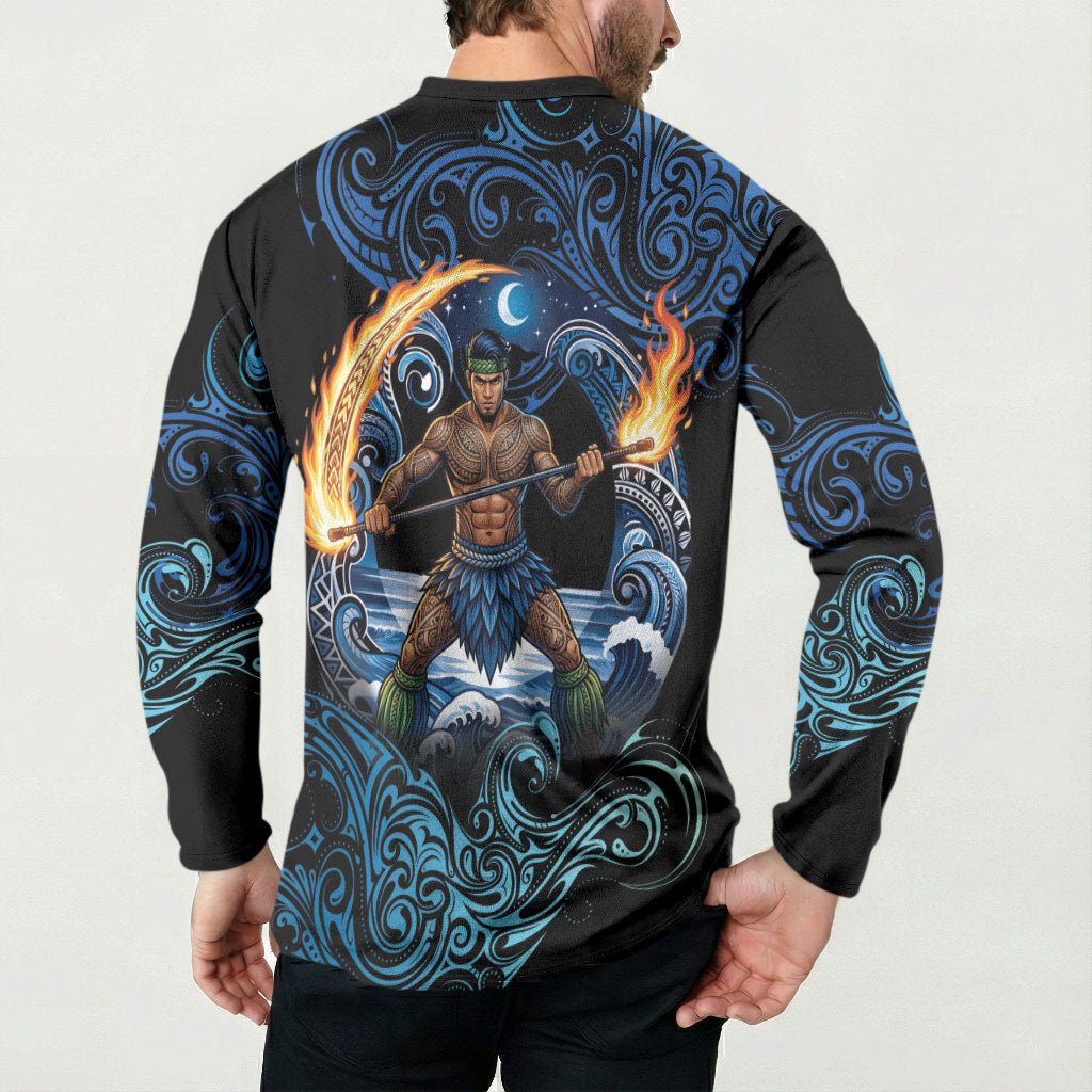 Samoa Siva Afi Button Sweatshirt Fireknife Fire Dance Pacific Tribal Motif