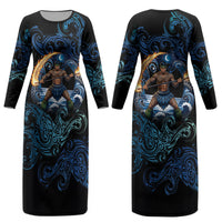 Samoa Siva Afi Couples Matching Long Sleeve Bodycon Dress and Hawaiian Shirt Fireknife Fire Dance Pacific Tribal Motif