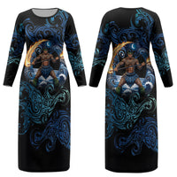 Samoa Siva Afi Couples Matching Long Sleeve Bodycon Dress and Long Sleeve Button Shirt Fireknife Fire Dance Pacific Tribal Motif