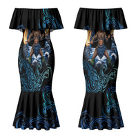 Samoa Siva Afi Couples Matching Mermaid Dress and Long Sleeve Button Shirt Fireknife Fire Dance Pacific Tribal Motif