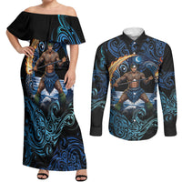 Samoa Siva Afi Couples Matching Off Shoulder Maxi Dress and Long Sleeve Button Shirt Fireknife Fire Dance Pacific Tribal Motif