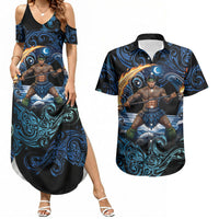 Samoa Siva Afi Couples Matching Summer Maxi Dress and Hawaiian Shirt Fireknife Fire Dance Pacific Tribal Motif