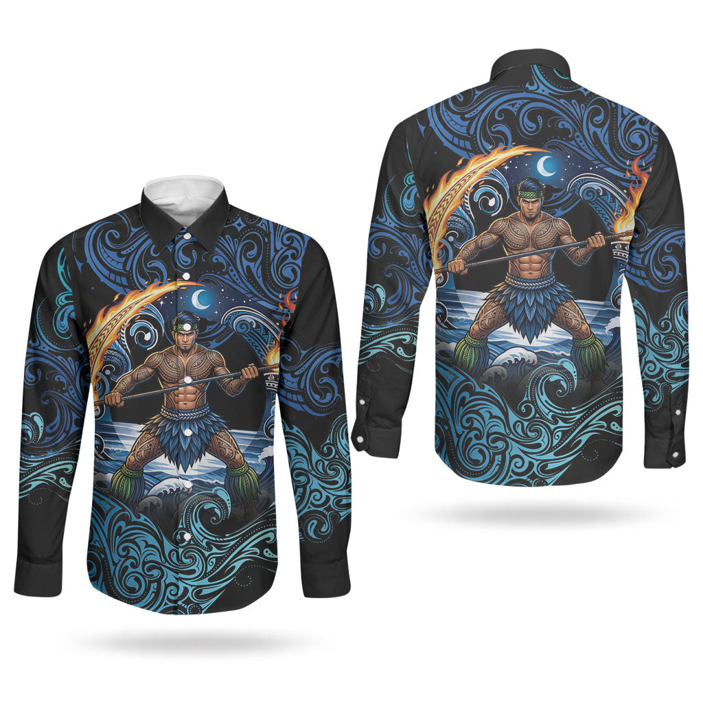Samoa Siva Afi Couples Matching Summer Maxi Dress and Long Sleeve Button Shirt Fireknife Fire Dance Pacific Tribal Motif