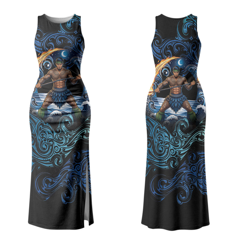 Samoa Siva Afi Couples Matching Tank Maxi Dress and Long Sleeve Button Shirt Fireknife Fire Dance Pacific Tribal Motif