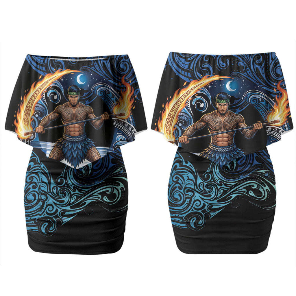 Samoa Siva Afi Family Matching Off Shoulder Short Dress and Hawaiian Shirt Fireknife Fire Dance Pacific Tribal Motif