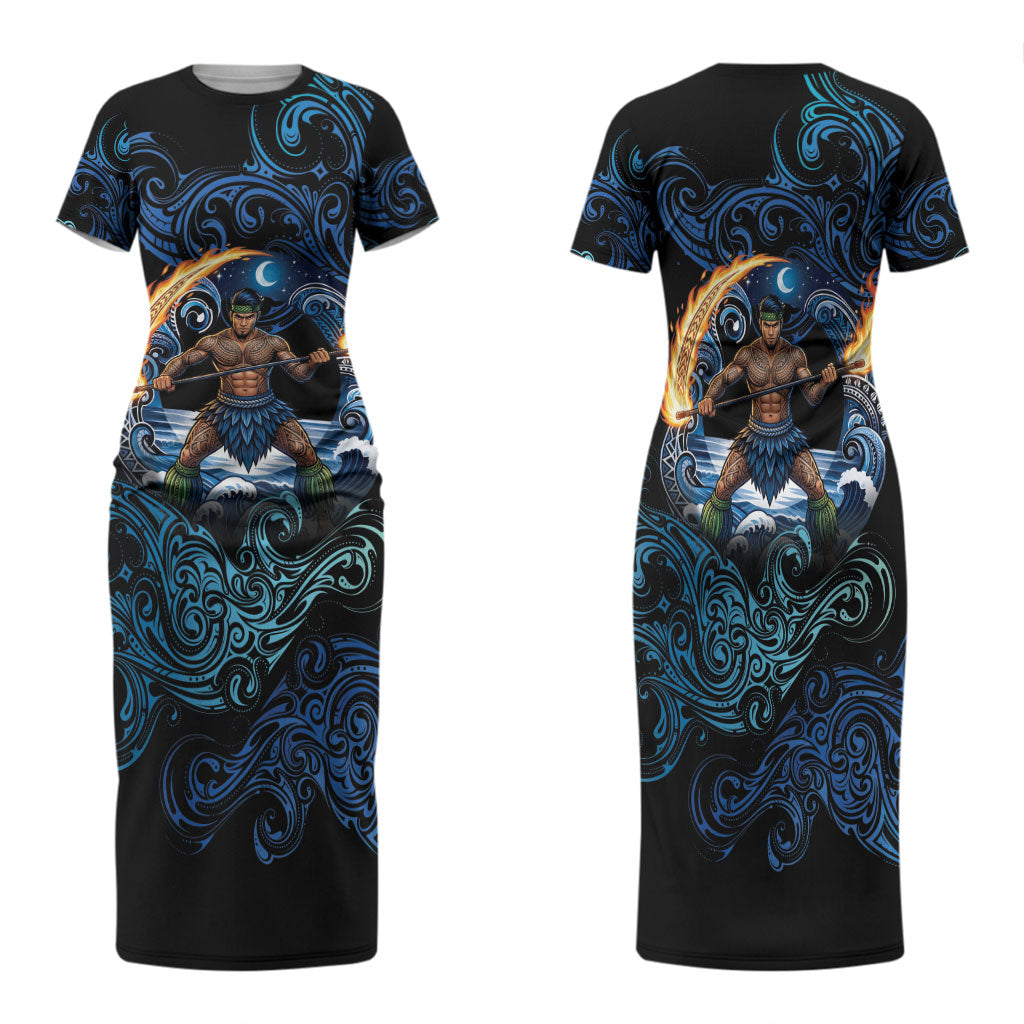 Samoa Siva Afi Family Matching Short Sleeve Bodycon Dress and Hawaiian Shirt Fireknife Fire Dance Pacific Tribal Motif