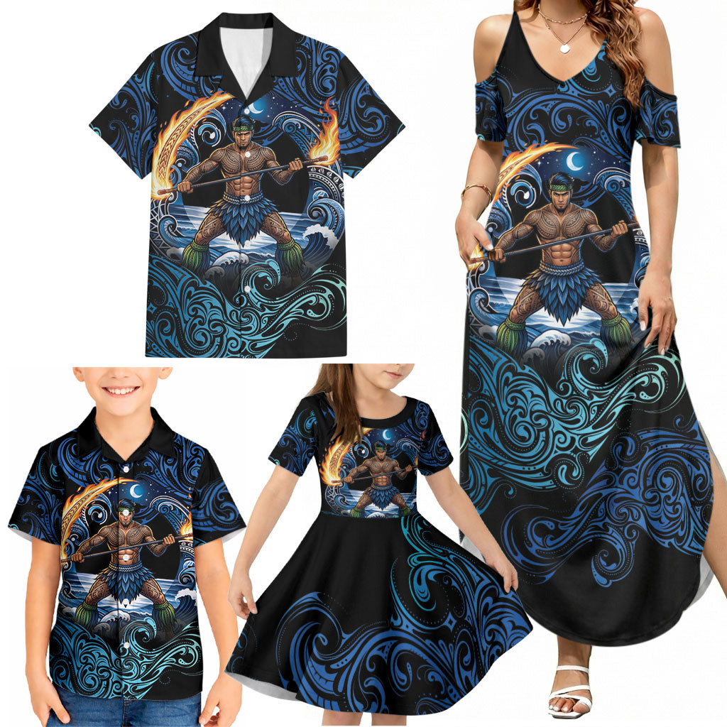 Samoa Siva Afi Family Matching Summer Maxi Dress and Hawaiian Shirt Fireknife Fire Dance Pacific Tribal Motif