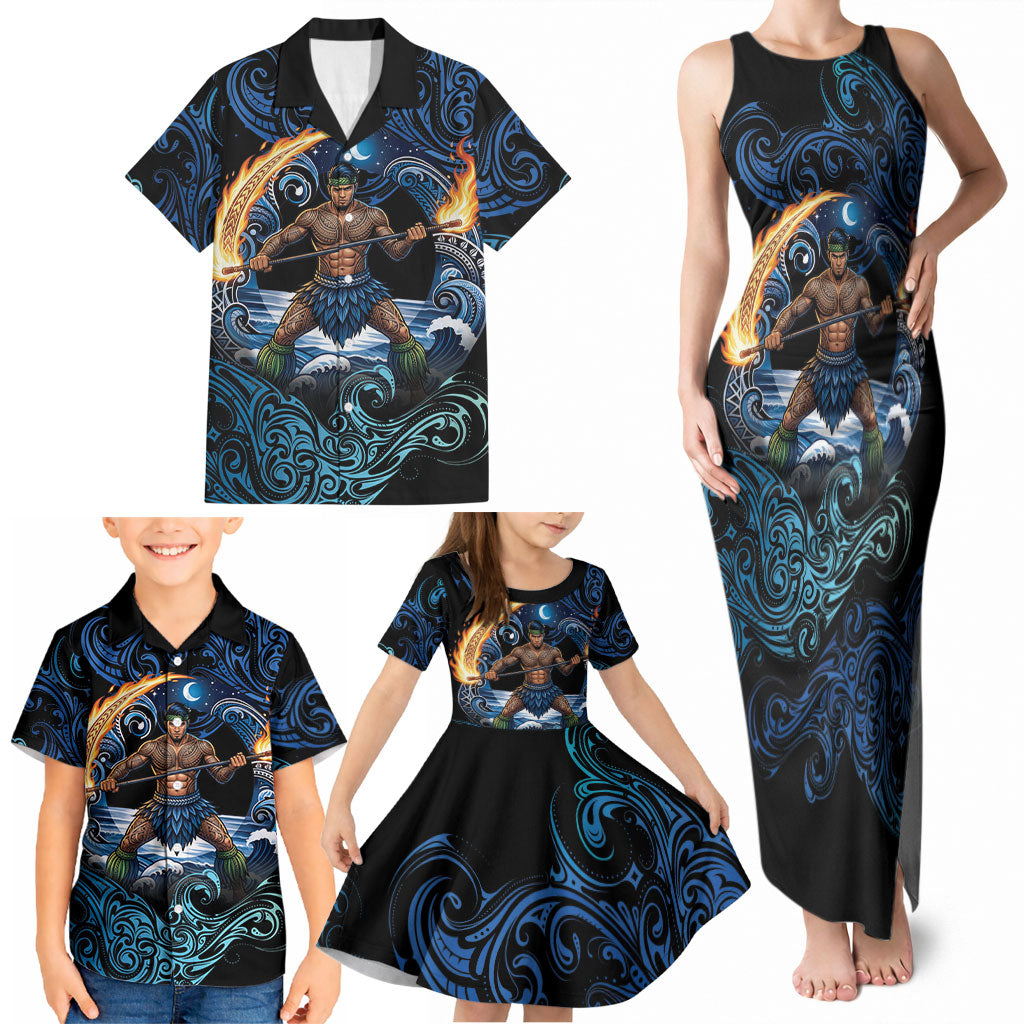 Samoa Siva Afi Family Matching Tank Maxi Dress and Hawaiian Shirt Fireknife Fire Dance Pacific Tribal Motif