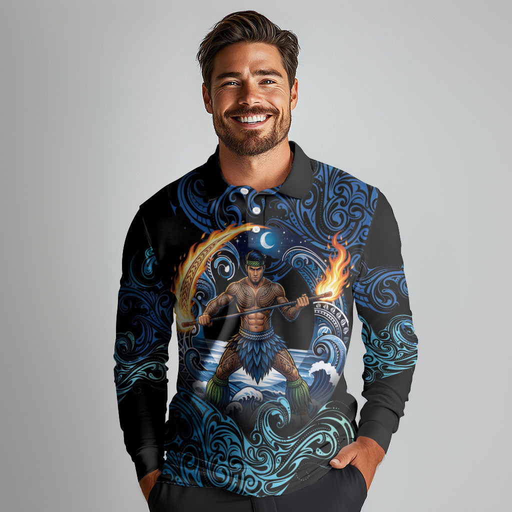 Samoa Siva Afi Long Sleeve Polo Shirt Fireknife Fire Dance Pacific Tribal Motif