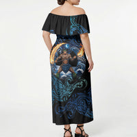 Samoa Siva Afi Off Shoulder Maxi Dress Fireknife Fire Dance Pacific Tribal Motif