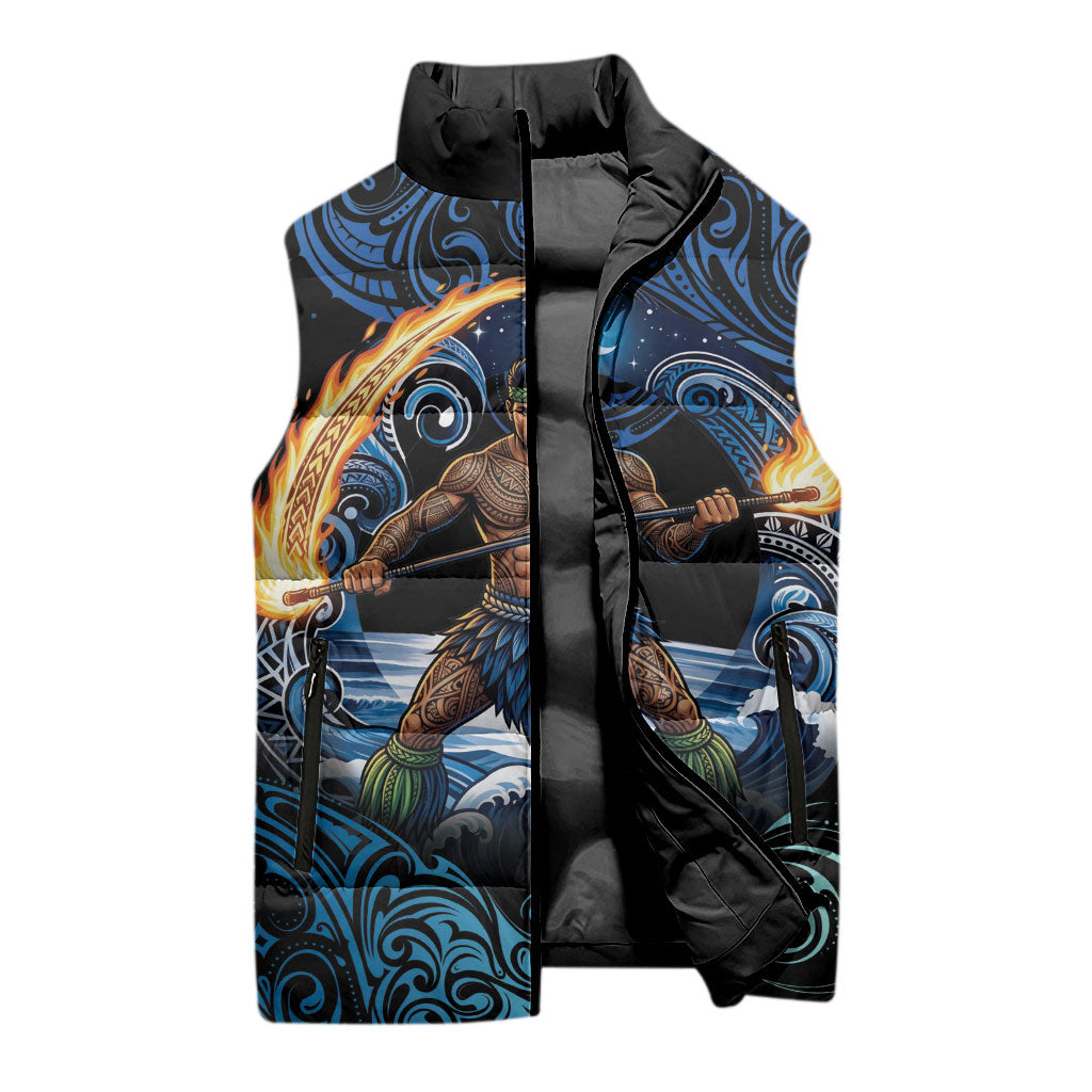 Samoa Siva Afi Sleeveless Puffer Jacket Fireknife Fire Dance Pacific Tribal Motif